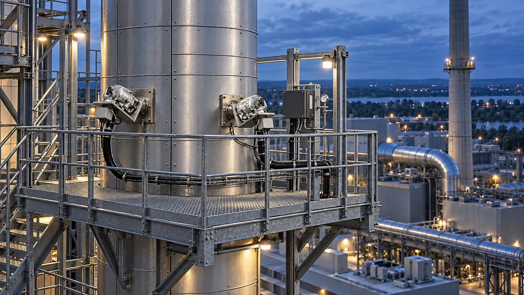 Mätplattform på skorsten vid industrianläggning i skymning