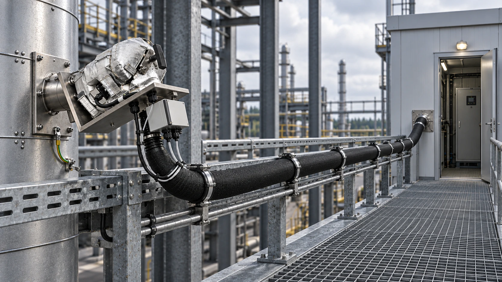 Uppvärmd mätgasledning dragen längs industriell gångbana med fästen och kabelstege