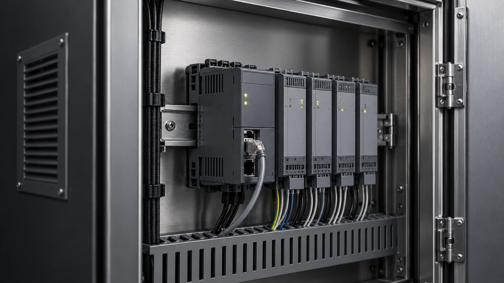 PLC- och I/O-moduler på DIN-skena i styrskåp med anslutna signalkablar